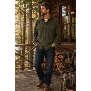 CQR Men's XL Olive Green 100% Cotton Flannel Shirt Corduroy Trim Workwear